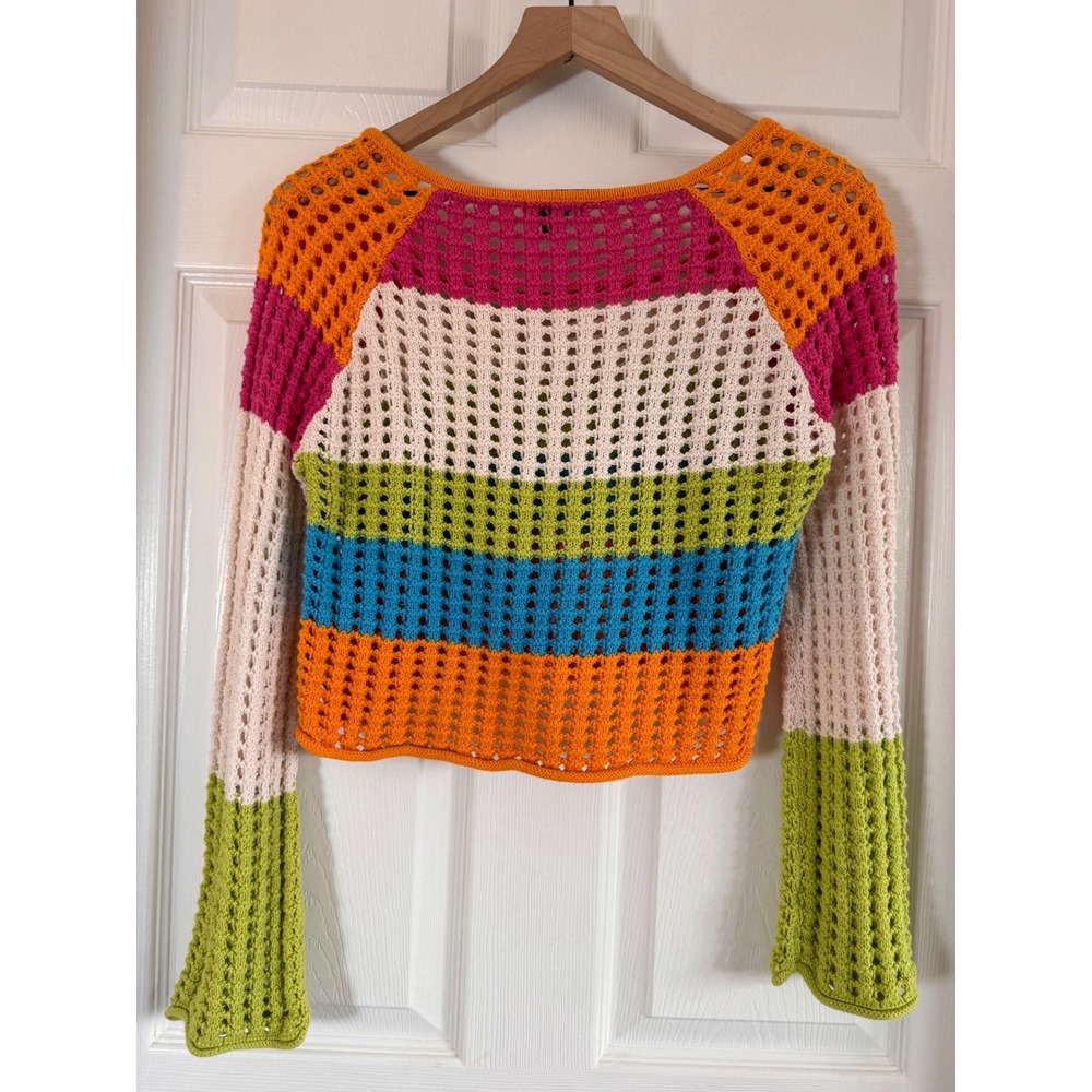 Wild Fable square Neck pointelle crochet pullover colorblock sweater Size XS - Picture 3 of 6